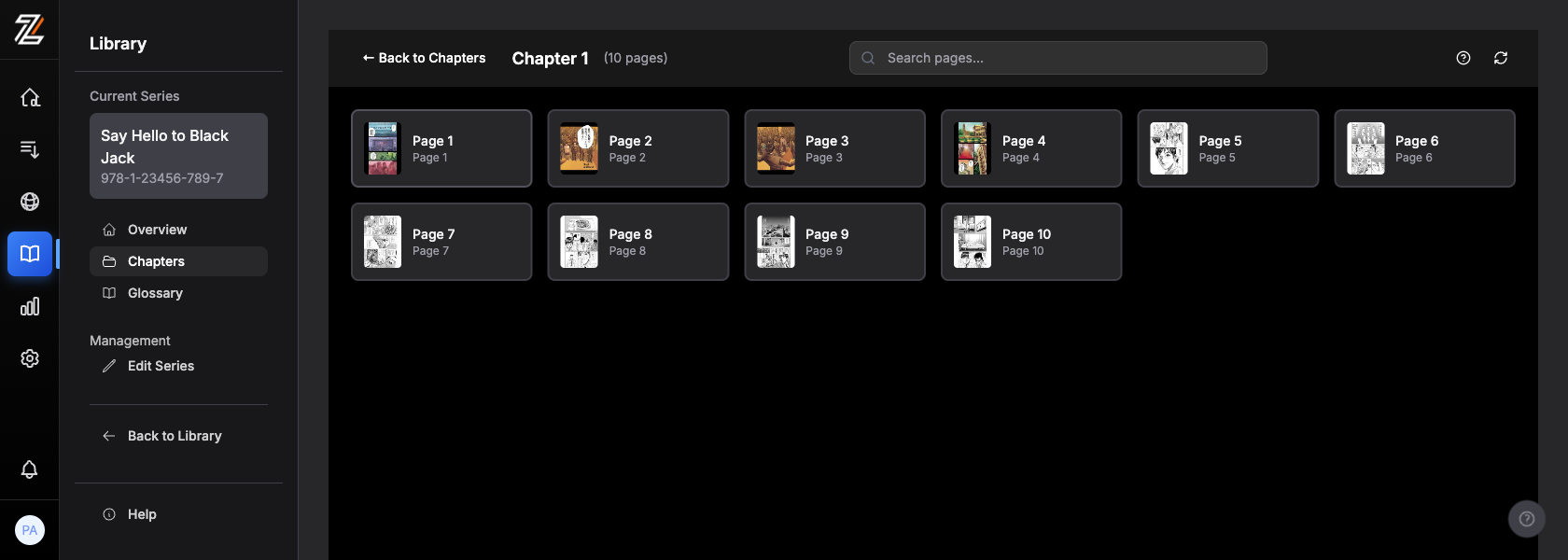 Asset library: uploaded manga pages organized by chapter